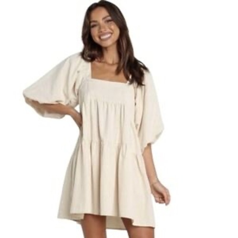 SNDYS Linen Blend Puff Sleeve Tiered Mini Dress Cream Size 2